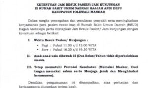 Demi kenyamanan Pasien,RSUD Hj,Andi Depu keluarkan edaran jam besuk