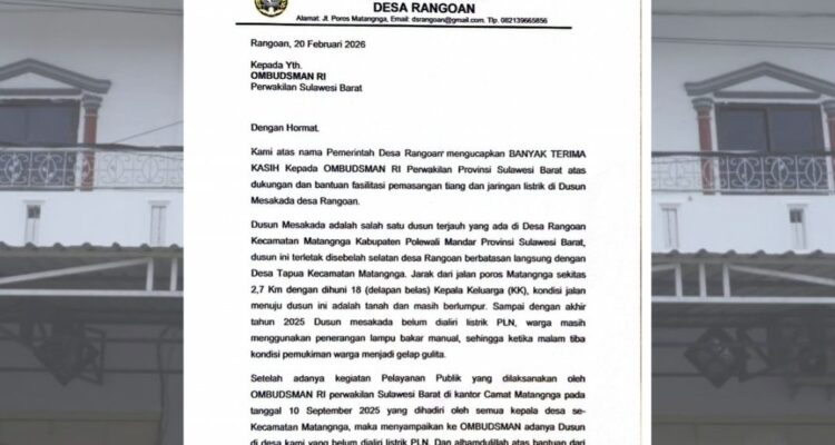 Warga Dusun Mesakada Desa Rangoan Sampaikan Terima Kasih kepada Ombudsman Sulbar atas Fasilitasi Pemasangan Listrik PLN