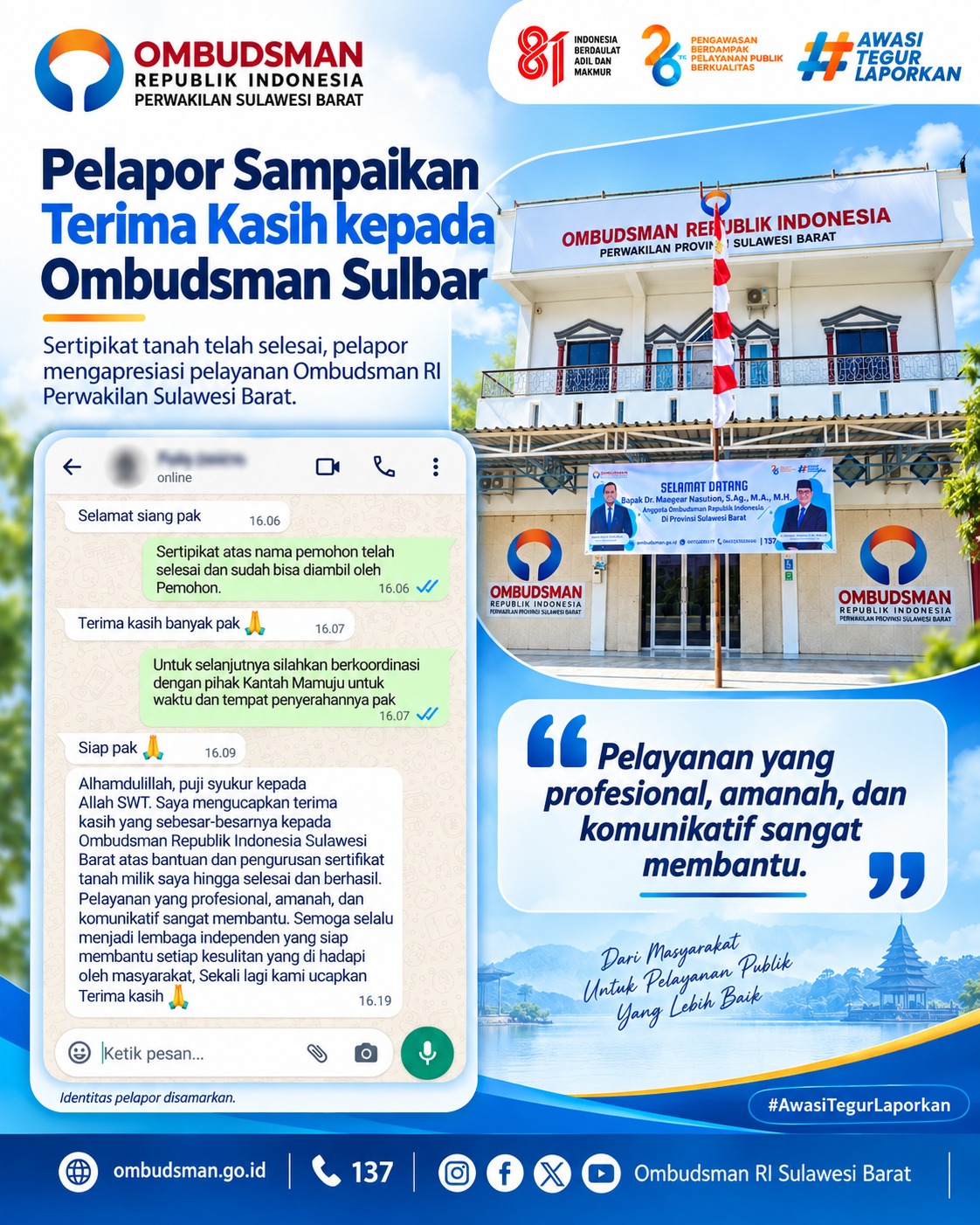Menunggu Bertahun-tahun, Sertipikat Tanah Akhirnya Selesai, Pelapor Apresiasi Ombudsman Sulbar